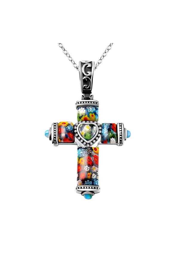 Stainless Steel Cross Necklace for Women 20" - Colorful Rainbow Murano Style Millefiori Glass Cross Chain for Men - Celtic Religious Christian Jewelry for Her Birthday Christmas Gifts