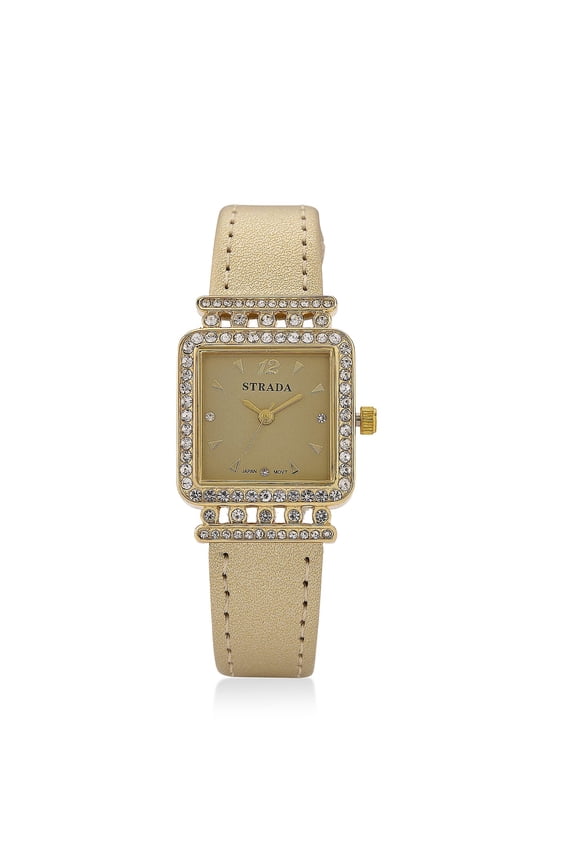 Strada Crystal ese Movement Watch with Golden Faux Leather Strap