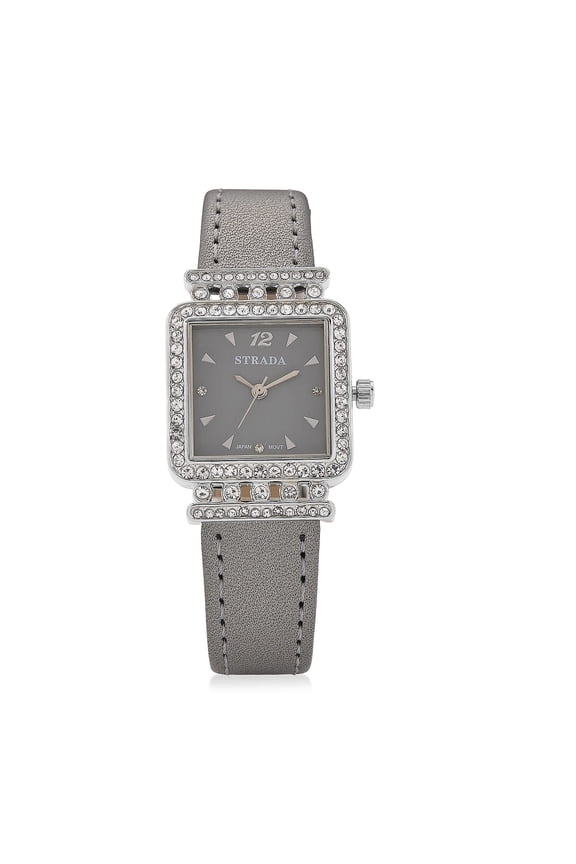 Strada Crystal ese Movement Watch with Gray Faux Leather Strap