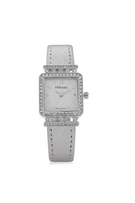 Strada Crystal ese Movement Watch with Silver Faux Leather Strap