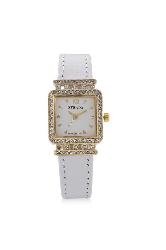 Strada Crystal ese Movement Watch with White Faux Leather Strap