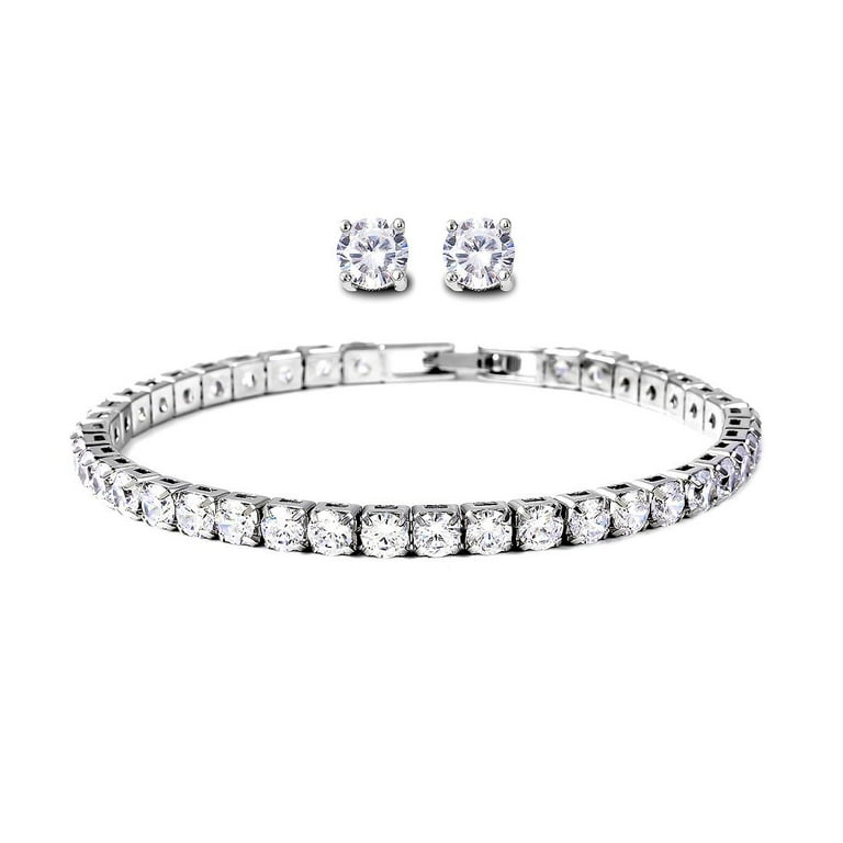Tennis Bracelet Stud Earrings Set Cubic Zirconia Jewelry Set for Women in Silvertone 7 Bracelet Length Valentines Day Gifts for Women