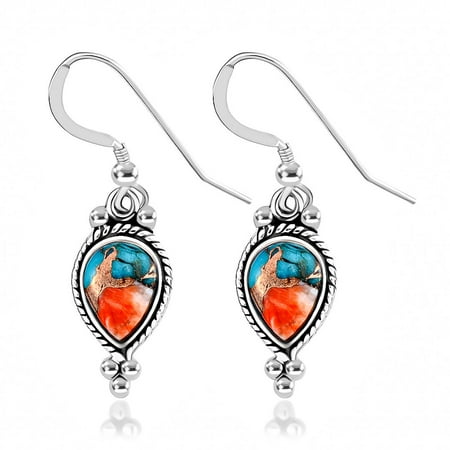 Shop LC Turquoise Dangle Earrings - Western Dangling Earrings in 925 Sterling Silver for Women - Handmade Orange & Blue Green Southwestern Drop Earrings Birthday Gifts
