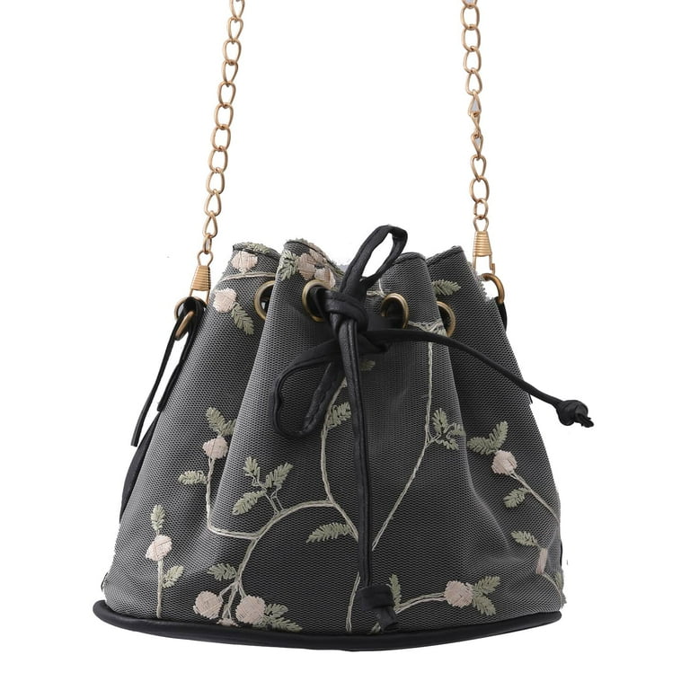 Shop LC ROYAL SIAMESE Black Flower Pattern Crocheted Knitted Faux Leather Bucket Bag