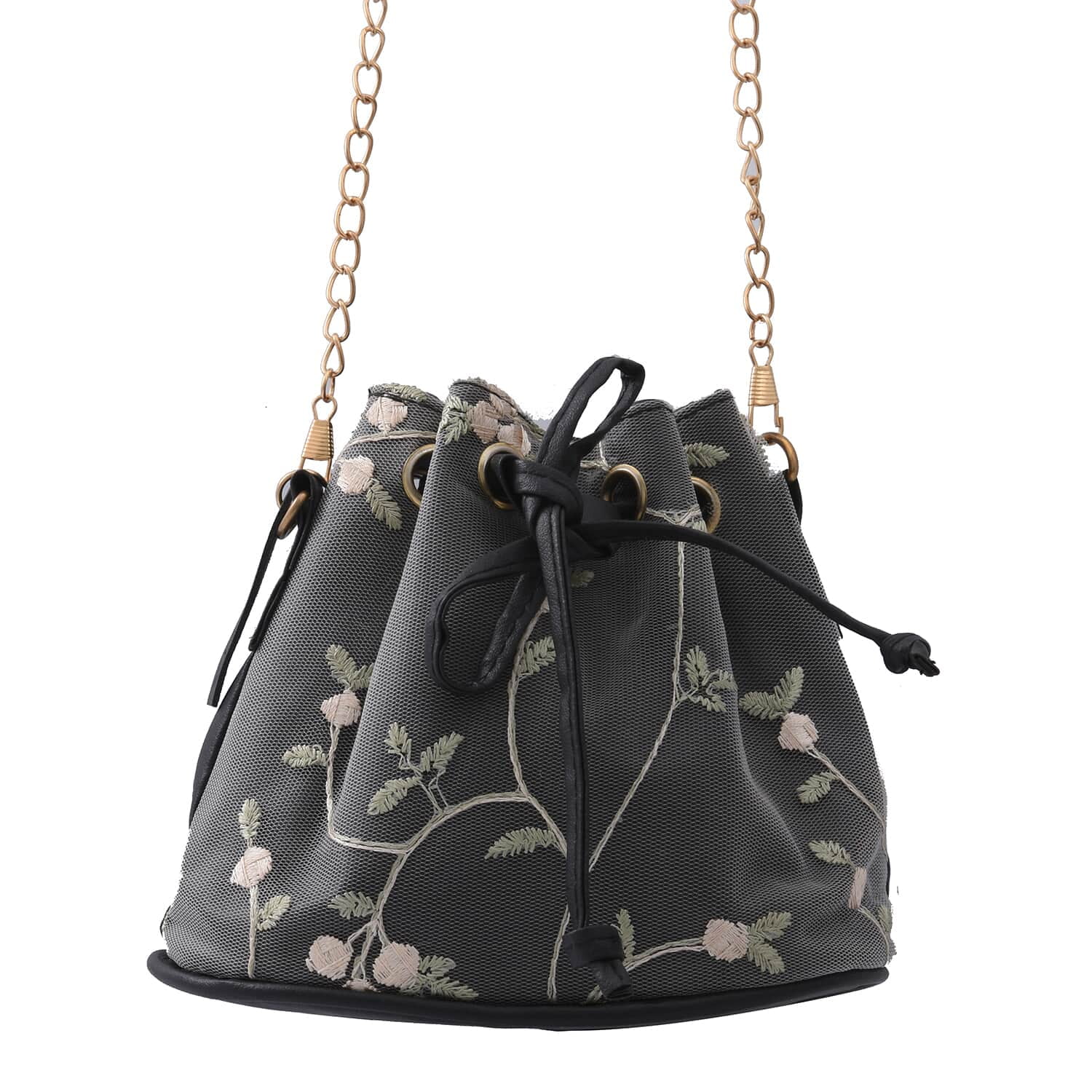 Shop LC Women Black Color Flower Pattern Knitted Faux Leather Bucket Bag  Drawstring Closure Detachable Strap Handbag Valentines Day Gifts