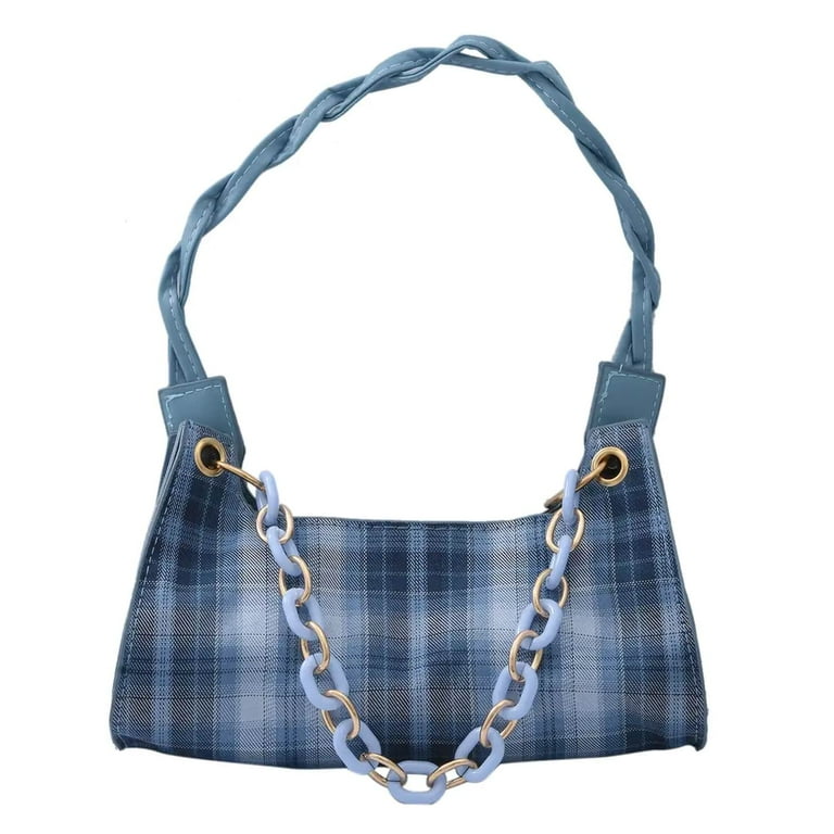 Shop LC Women Blue Color Check Pattern Faux Leather Mini Handbag with Handle Drop and Shoulder Fixed Strap Birthday Gifts Christmas Gifts Walmart
