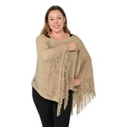 Shop LC Women Khaki Color Solid Pattern Poncho with Bottom Cut Work and Tassels Birthday Mothers Day Gifts for Mom