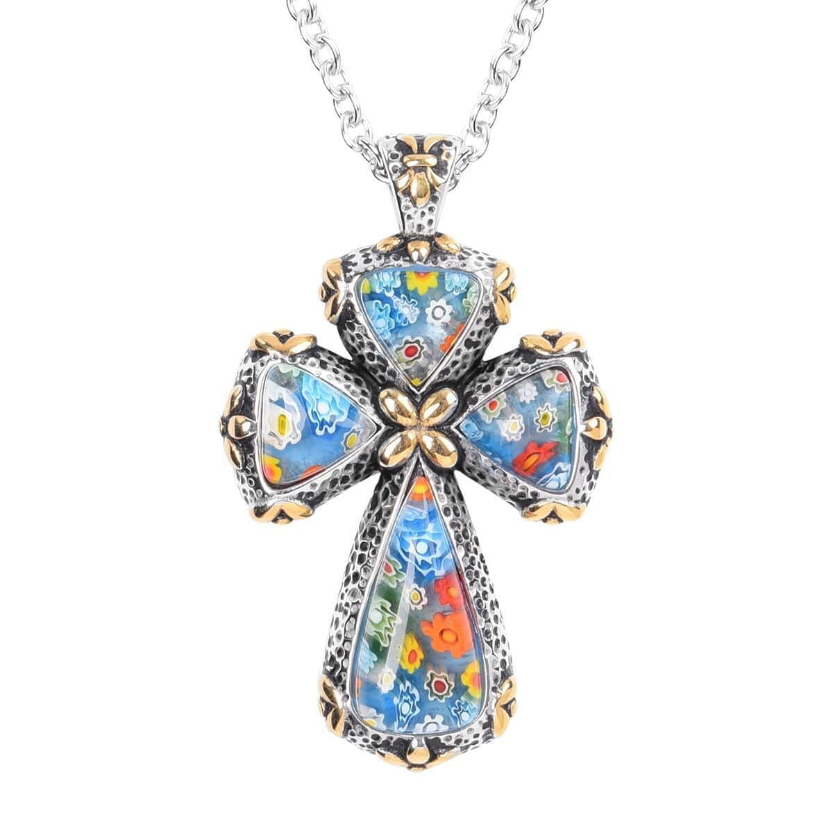 Colorful Rainbow Cross Necklace for Women Jewelry Yellow Gold Black Oxidized Murano Style Millefiori Glass Flower Stainless Steel Chain Size 20" Catholic Faith Religious Christmas Gifts for Women