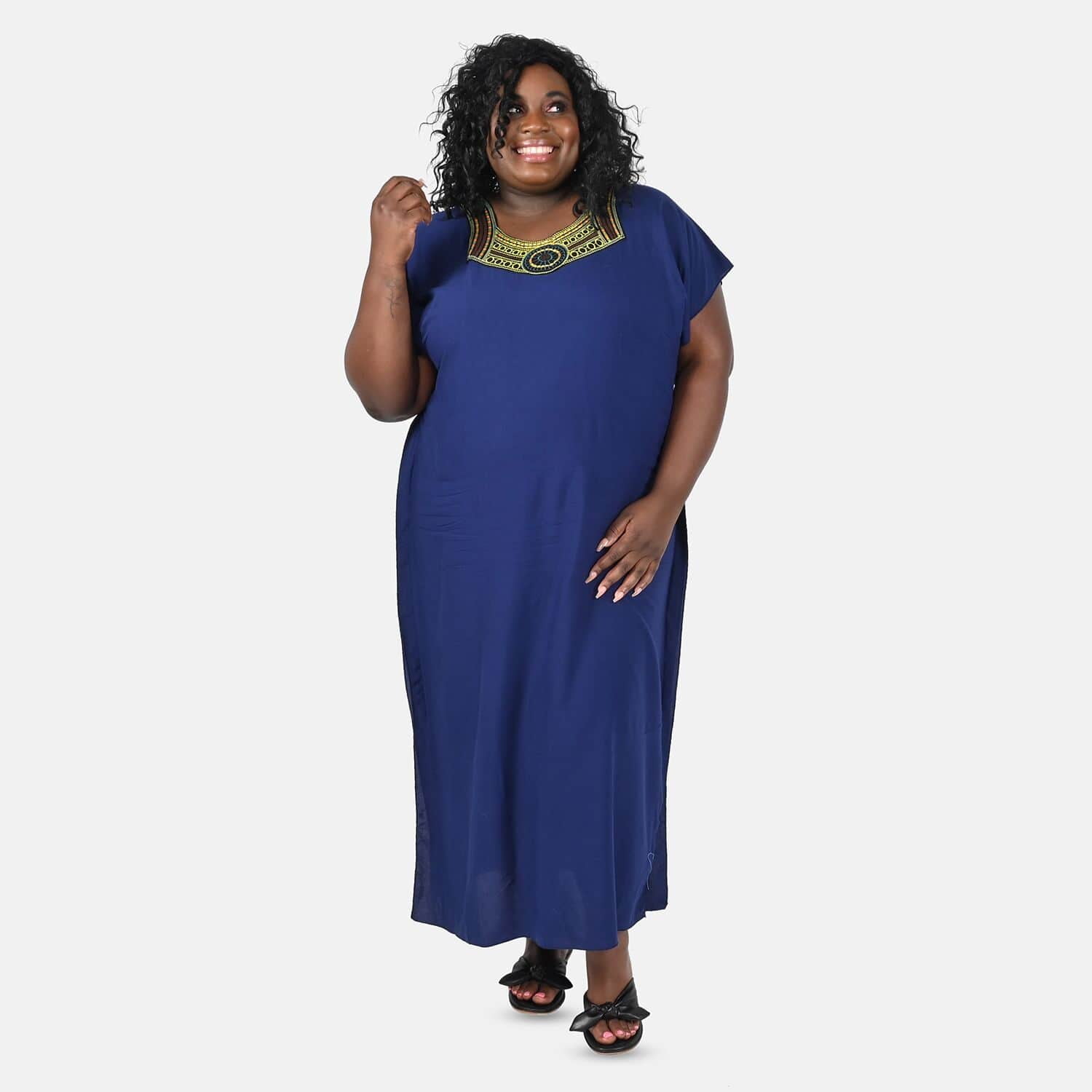 Shop LC Women Navy Embroidered Viscose Neck Short Sleeve Maxi