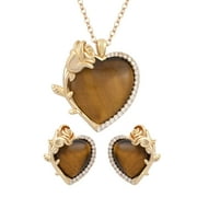 SHOP LC Yellow Tigers Eye Cubic Zirconia CZ Heart Goldtone Earrings Pendant Necklace Set for Women Jewelry Size 20-22" Ct 4.92 Christmas Gifts for Women