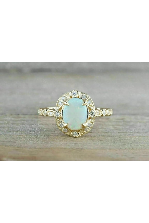 Shop Now 3Ct Oval Cut Fire Opal Women's Halo Anniversary Gift Ring14k Yellow Gold Plated Silver