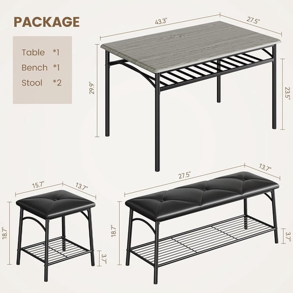 Shop Now for Savings Elegant Dining Table Set for 4 - Stunning Wood Grain Design with Upholstered Bench & 2 Comfortable Stools, Perfect for Apartments and Modern Homes,Grey