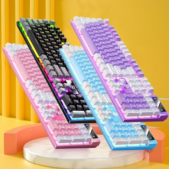 Shop Now, USB Wired Gaming Keyboard, Mechanical Keyboard with Floating Keycaps, LED Backlit Ergonomic Keyboard for Desktop Gaming and Office Work Clearance & Promo | Plastic, Black