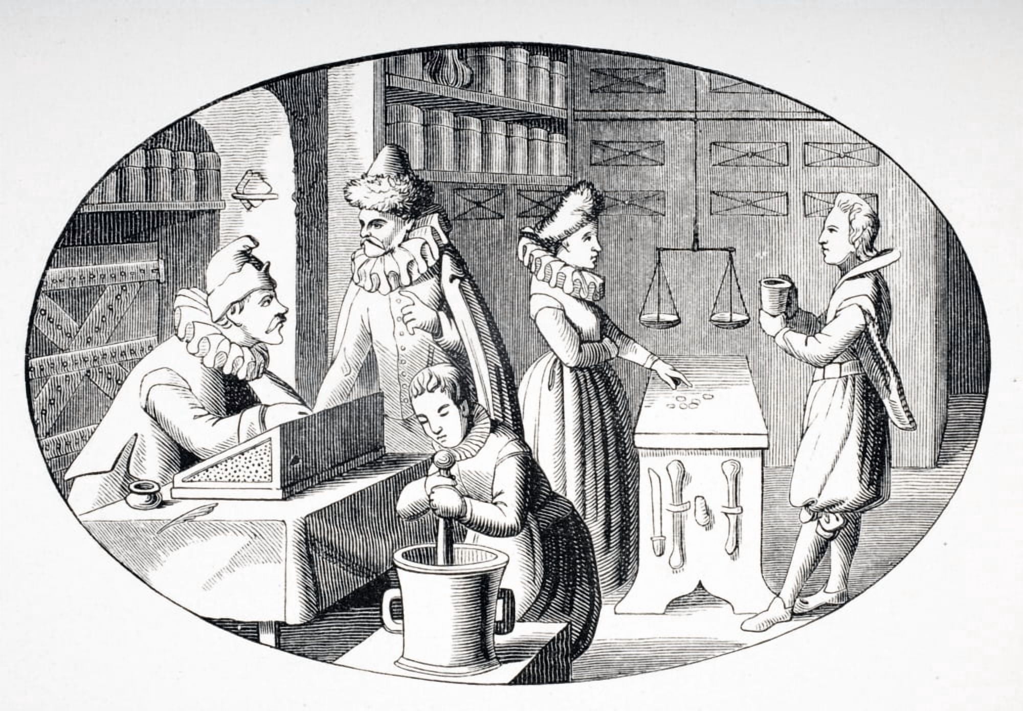 Shop Of A Grocer And Druggist In The 17Th Century Canvas Art - Ken Welsh Design Pics (34 x 22)