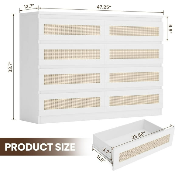Shop Online Chic & Functional Rattan Dresser – 8-Drawer Double Dresser in White for Bedroom, Living Room, Entryway & TV Stand, Modern Wood Chest with Smooth Metal Slides,White