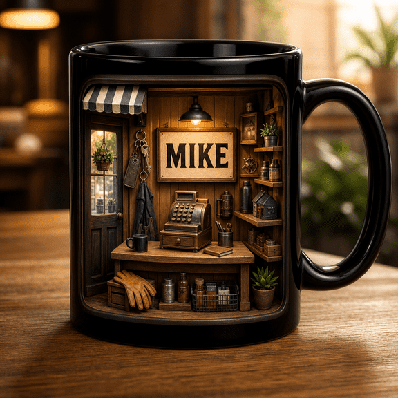 Shop Owner Dad Mug Personalized Accent Mug with Storefront Counter Design
