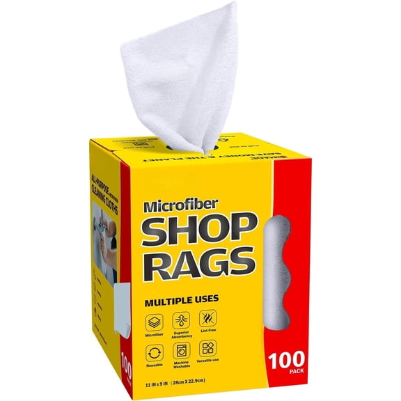 Shop Rags, 100 Sheets Microfiber Cleaning Cloth Commercial Grade Washcloths Lint-Free Bulk Shops Towels for Mechanic Restaurant Garage Housekeeping, 11"x 9", White