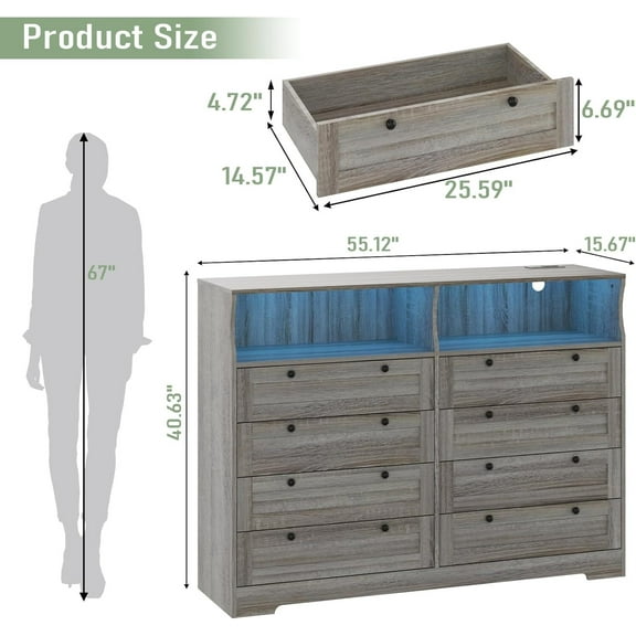 Shop and Save 55-Inch Sleek Antique Light Dresser Featuring 8 Drawers, LED Lighting, and Charging Station – Perfect Storage Solution for Bedroom, Living Room, or Entryway