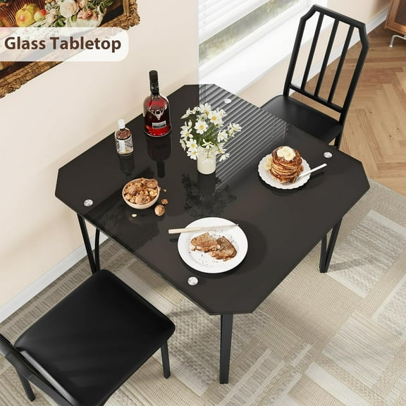 Shop and Save Glass Dining Table Set with Chairs - Modern Chamfered Design, Comfortable Upholstered Seats, Durable Tempered Glass for Small Space and Apartment Dining,Includes Two Chairs