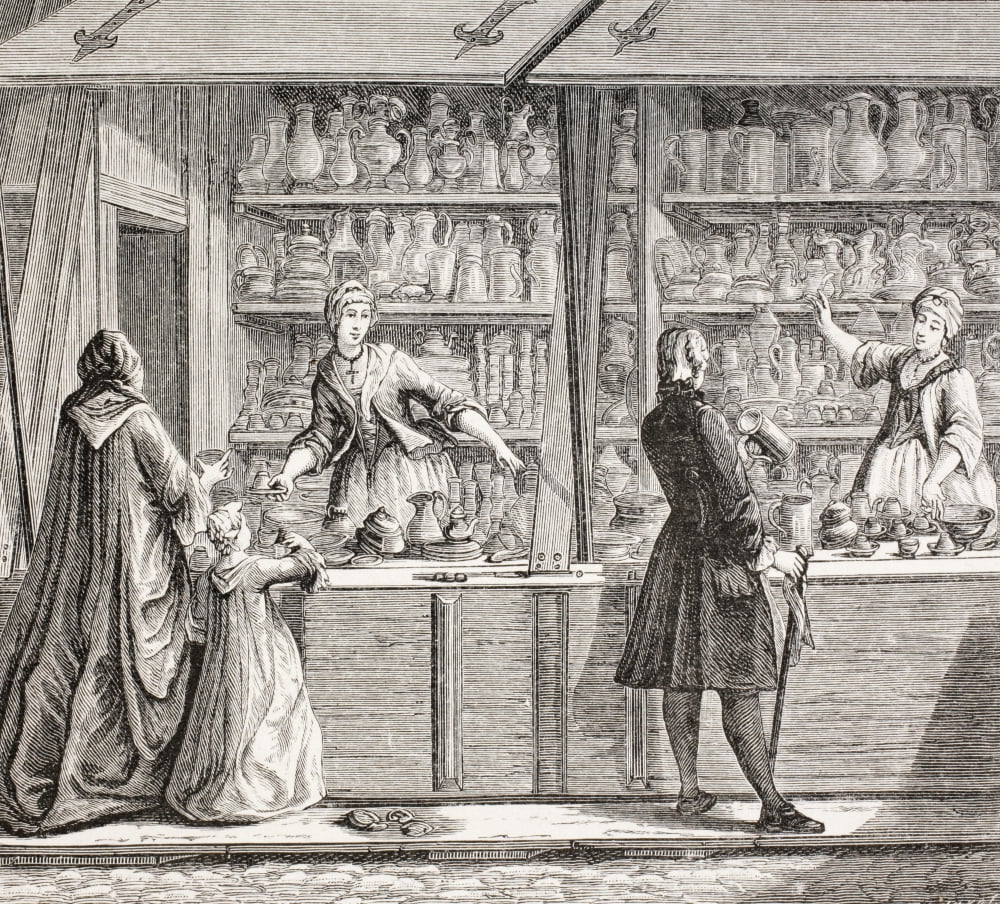 A Shop Selling Pottery And Pewter Ware In Paris France During The 18Th Century From Xviii Siecle Institutions Usages Et Costumes Published Paris 1875 Canvas Art - Ken Welsh Design Pics (30 x 28)