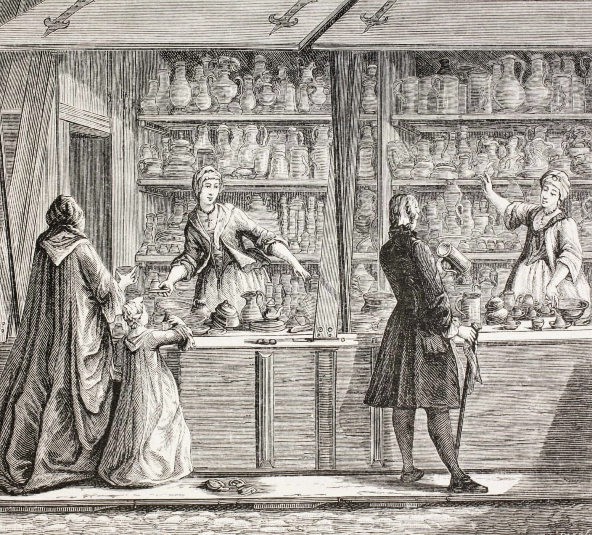 A Shop Selling Pottery And Pewter Ware In Paris France During The 18Th Century From Xviii Siecle Institutions Usages Et Costumes Published Paris 1875 Canvas Art - Ken Welsh Design Pics (15 x 14)