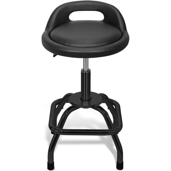 Shop Stool with Backrest – Adjustable Garage & Workshop Stool, 360° Swivel with Footrest, Padded Seat & Lumbar Support, Heavy-Duty Steel Frame, 22–28” Height