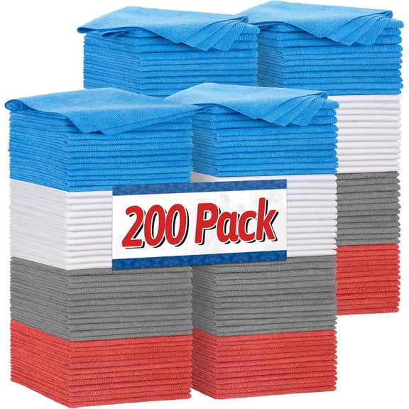 Shop Towels, Microfiber Cleaning Cloth Bulk, 200 Pack Microfiber Towels for Cars, All-Purpose Absorbent Cleaning Rags, Dust Cloth for Automotive, Mechanic, Garage, Bar, 11.5 x 11.5 inch