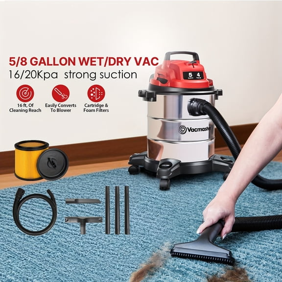 Shop Vac 5 Gallon/8 Gallon Premium Stainless Steel Wet Dry Vacuum Cleaner 10ft Power Cord 16KPa/20KPa Powerful Suction with Blower Function for Dog Hair, Garage, Car, Home & Workshop