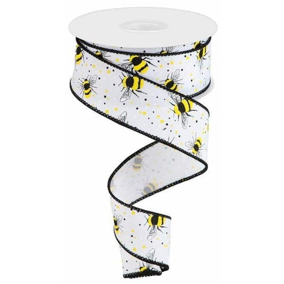 Craig Bachman 1.5 Inch Bumble Bee On Diagonal Weave Ribbon, White