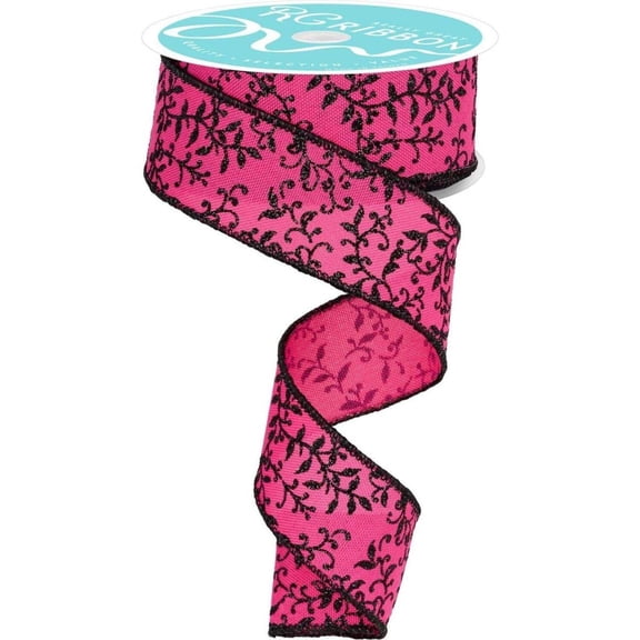 1.5" Glitter Mini Leaf Vines Ribbon: Pink/Black (10 Yards)