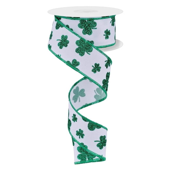 1.5" Glitter Shamrocks Ribbon: White (10 Yards)