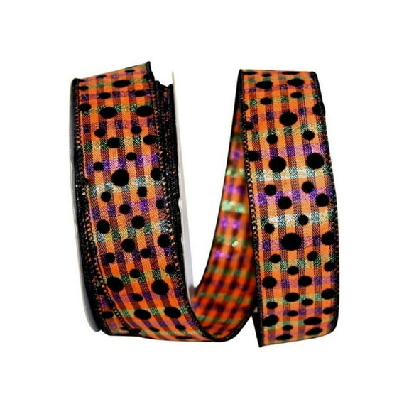 Reliant Ribbon - 92814W-001-09H, Plaid Felt Dots Wired Edge Ribbon, Multi, 1-1/2 Inch, 20 Yards