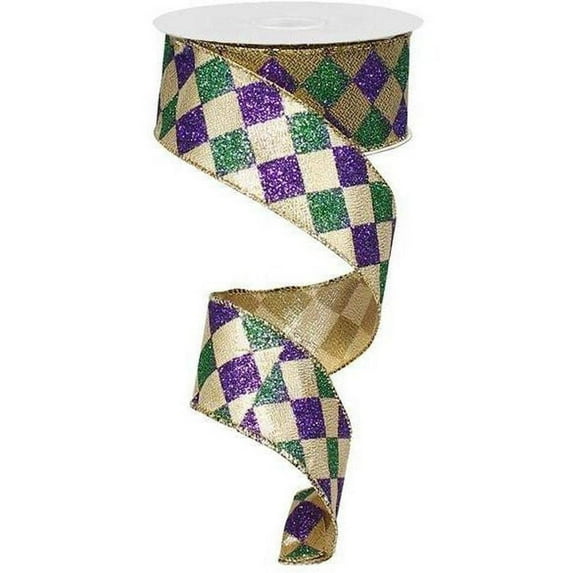 1.5"X10YD GLITTER DIAMOND CHECK Mardi Gras RG1929WY