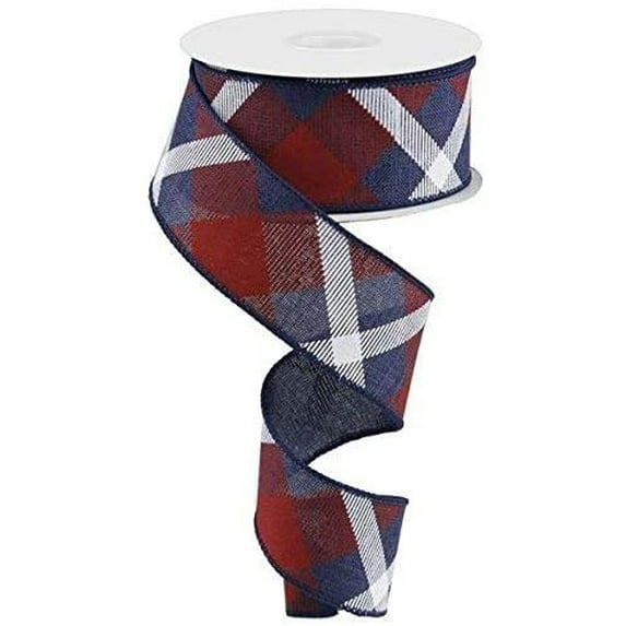 Plaid Canvas Wired Edge Ribbon, 10 Yards Navy, Red, White, 1.5"
