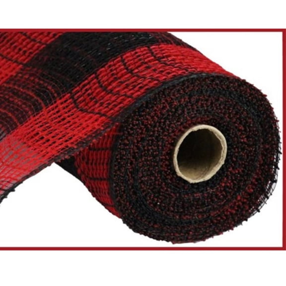 10.25" Faux Jute Check Mesh Ribbon: Red  Black (10 Yards)