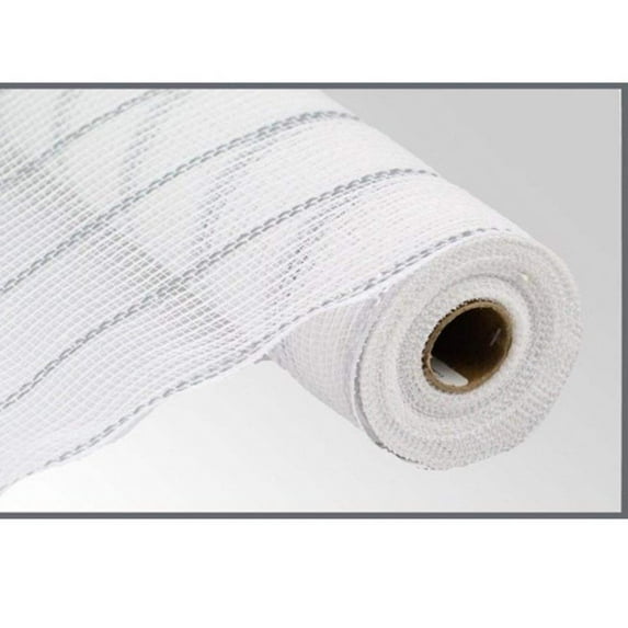 10.5" Poly Jute Matte Metallic Mesh Ribbon: White/Silver (10 Yards)