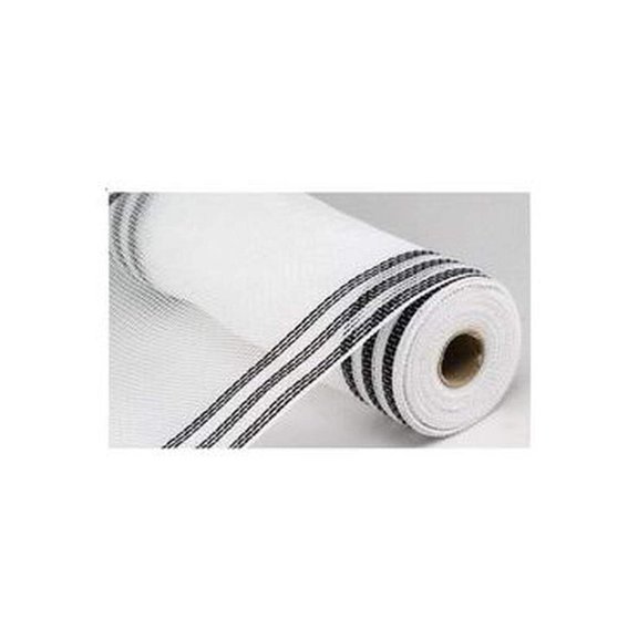 10" Border Stripe Faux Jute Mesh Ribbon: White/Black (10 Yards)