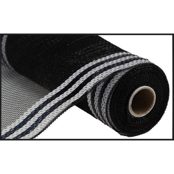 10" Border Stripe Metallic Mesh Ribbon: Black/White (10 Yards)