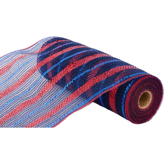 10" Poly Faux Jute Metallic Mesh Ribbon: Navy Blue, Royal, Red (10 Yards)