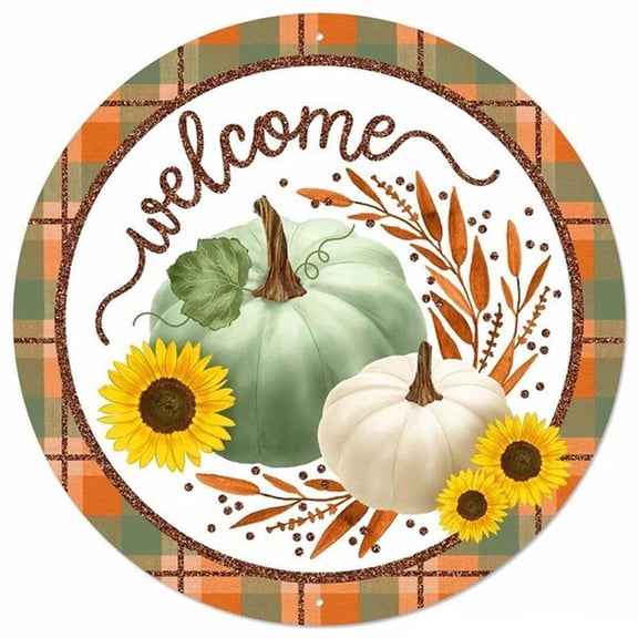 12" Metal Sign: Glitter Welcome Pumpkins Sage