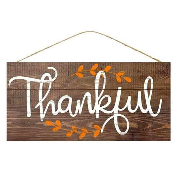 Everyday "Thankful" Wooden Door Wreath Sign: Brown/White - 12.5 Inches x 6 Inches