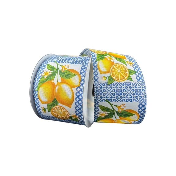 2.5" Blue Tile Squares Lemon Ribbon (10 Yards)