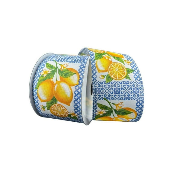 2.5" Blue Tile Squares Lemon Ribbon (10 Yards)