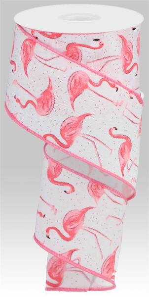 Craig Bachman 2.5" Glitter Flamingo Ribbon: White (10 Yards) - Craft Floral Arrangement Gift Wrapping Wired Edge Ribbon
