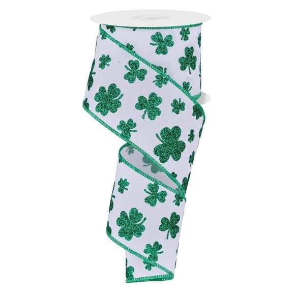2.5" Glitter Shamrocks Ribbon: White (10 Yards)