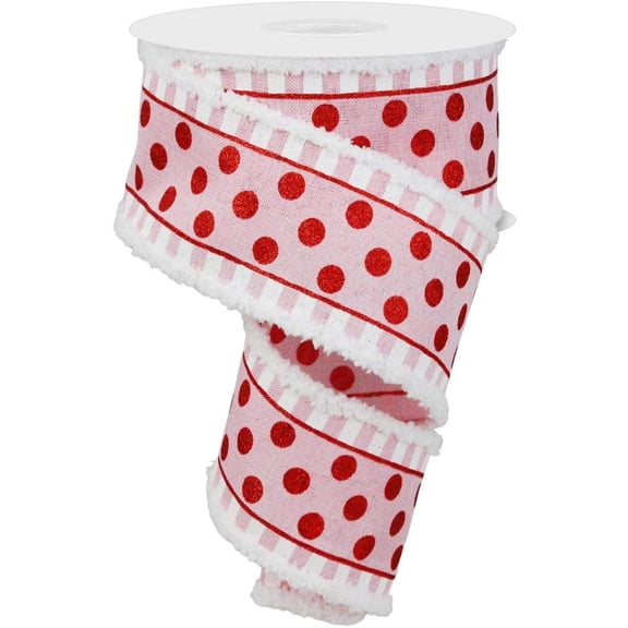 2.5" Glitter Stripes Polka Dot Drift Edge Ribbon: Red  Pink (10 Yards)