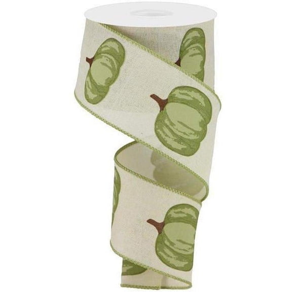 Autumn Pumpkins Wired Edge Ribbon, 2.5" x 10 Yards Cream, Sage