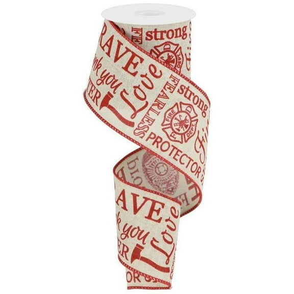 2.5" Wide Natural Canvas Firefighter Support Seasonal Print Wired Ribbon Natural & Red 10 Yards