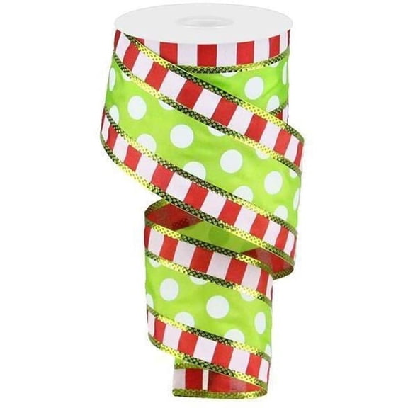 Polka Dots with Stripes Wired Edge Ribbon - 10 Yards Red, Green, White, 2.5 Inches