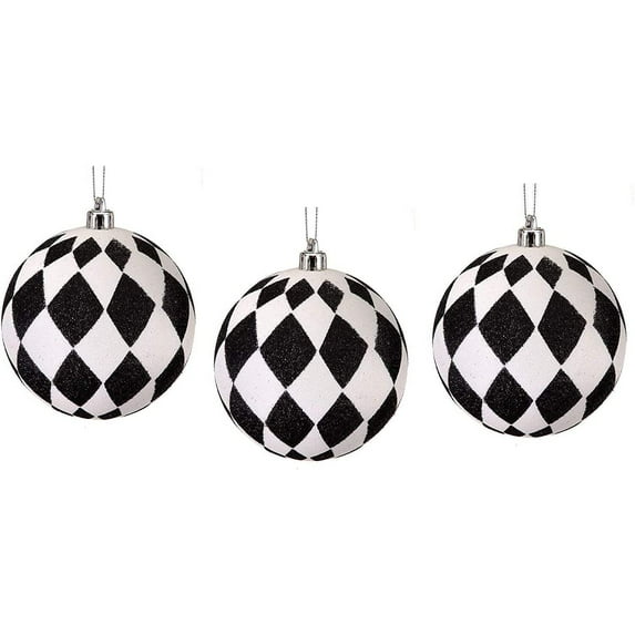 4" Glitter Harlequin Ball Ornaments: Black/White (3 pack)